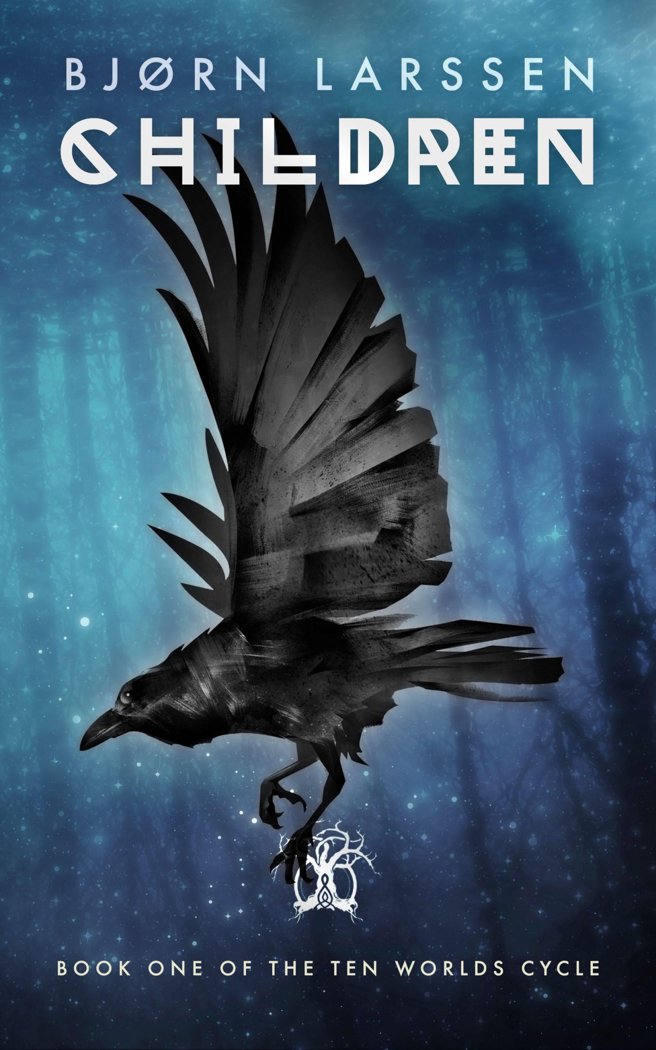 Cover for Children by Bjorn Larssen. A blue, dreamy background where we can see a forest in the backdrop. In the middle, a raven, wings open, imposing.